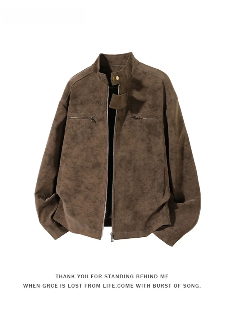 

Мужская кожаная куртка Woodsoon в американском стиле ретро, свободная длинная верхняя одежда с воротником-стойкой, топ, повседневный топ из полиэфирного волокна