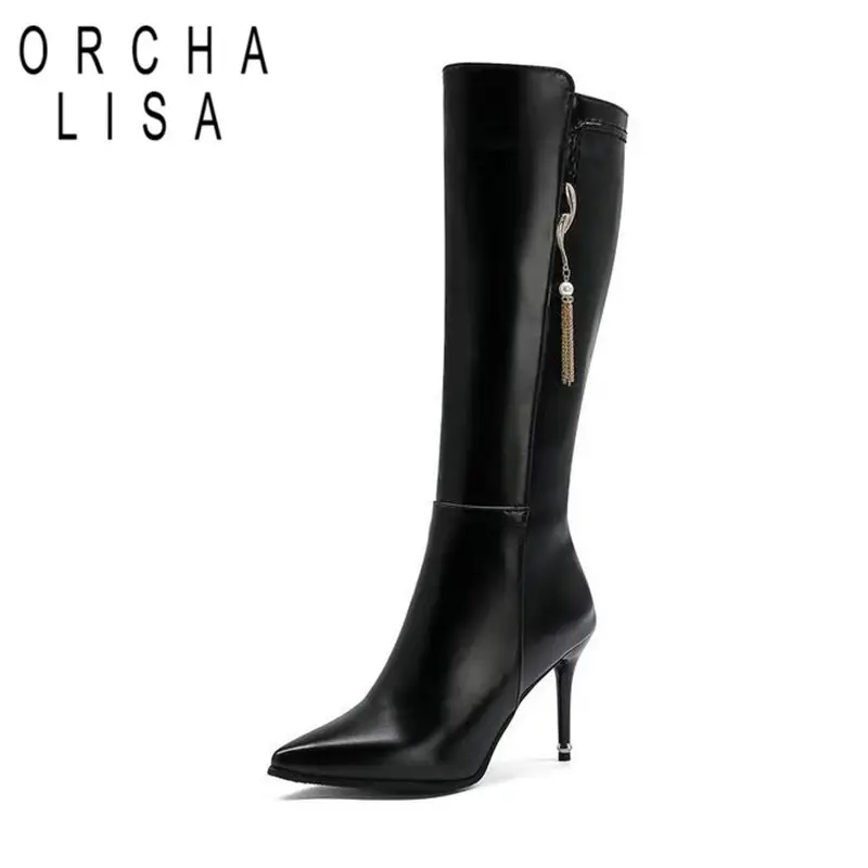 

ORCHA LISA 2025 Sexy Women's Knee High Boots Pointed Toe 9cm Stiletto Metal Decor Zipper Plus Size 46-48 Party Booties Casual