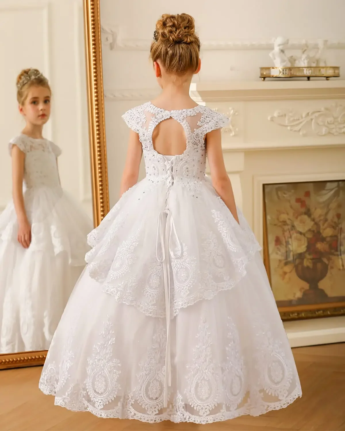 White Fower Girl Dresses For Wedding Cap Sleeves Pagenat Dress Long Toddlers Beaded Lace Applique First Communion Gowns