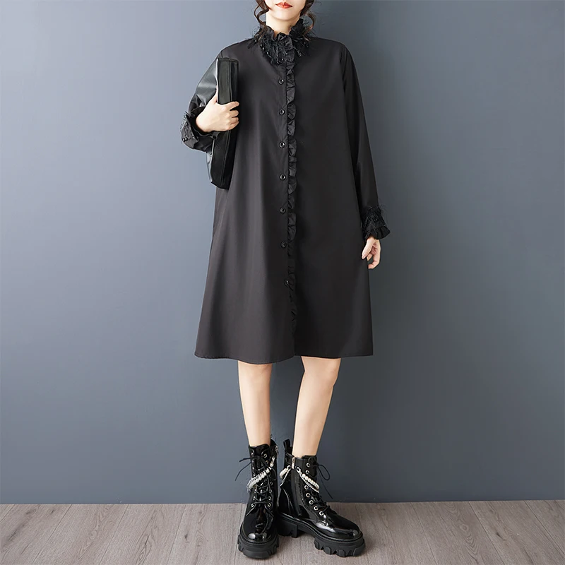 SuperAen 2026 ربيع وخريف جديد فضفاض أسود شرابة تقسم شجرة صالحة للأكل فطريات الوقوف طوق تصميم فساتين قميص عصرية #1