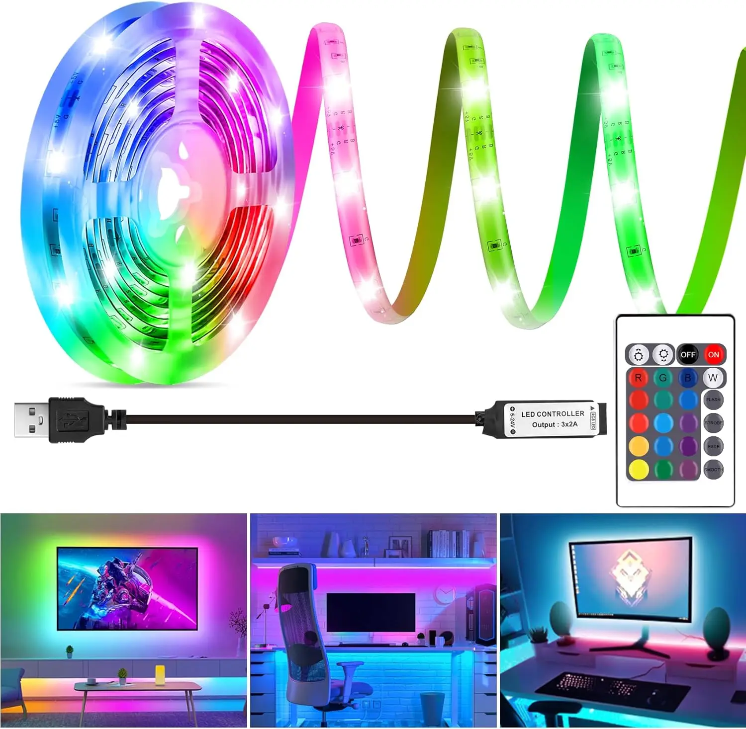 

Led USB Strip Light 5M Color Changing 2835 RGB LED Flexible Lights with 24 Keys for Children Gaming Room Home Party TV Backlight