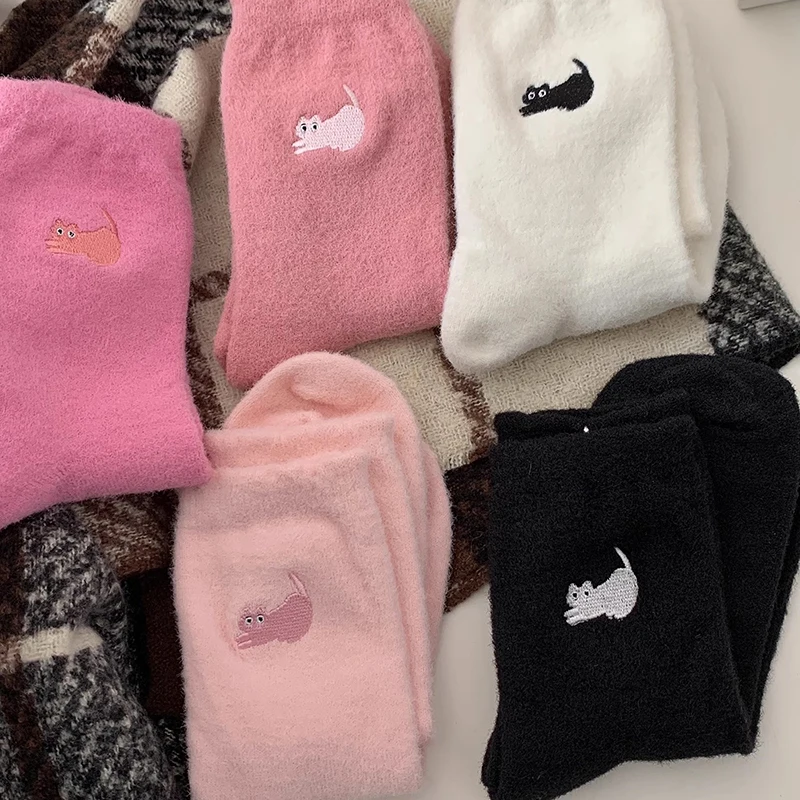 Pink Cute Cat Mink Fleece Super Socks Women Winter Warm Thicken Plush Middle Tube Socks Thermal Cozy Sleep Floor Kawaii Sock