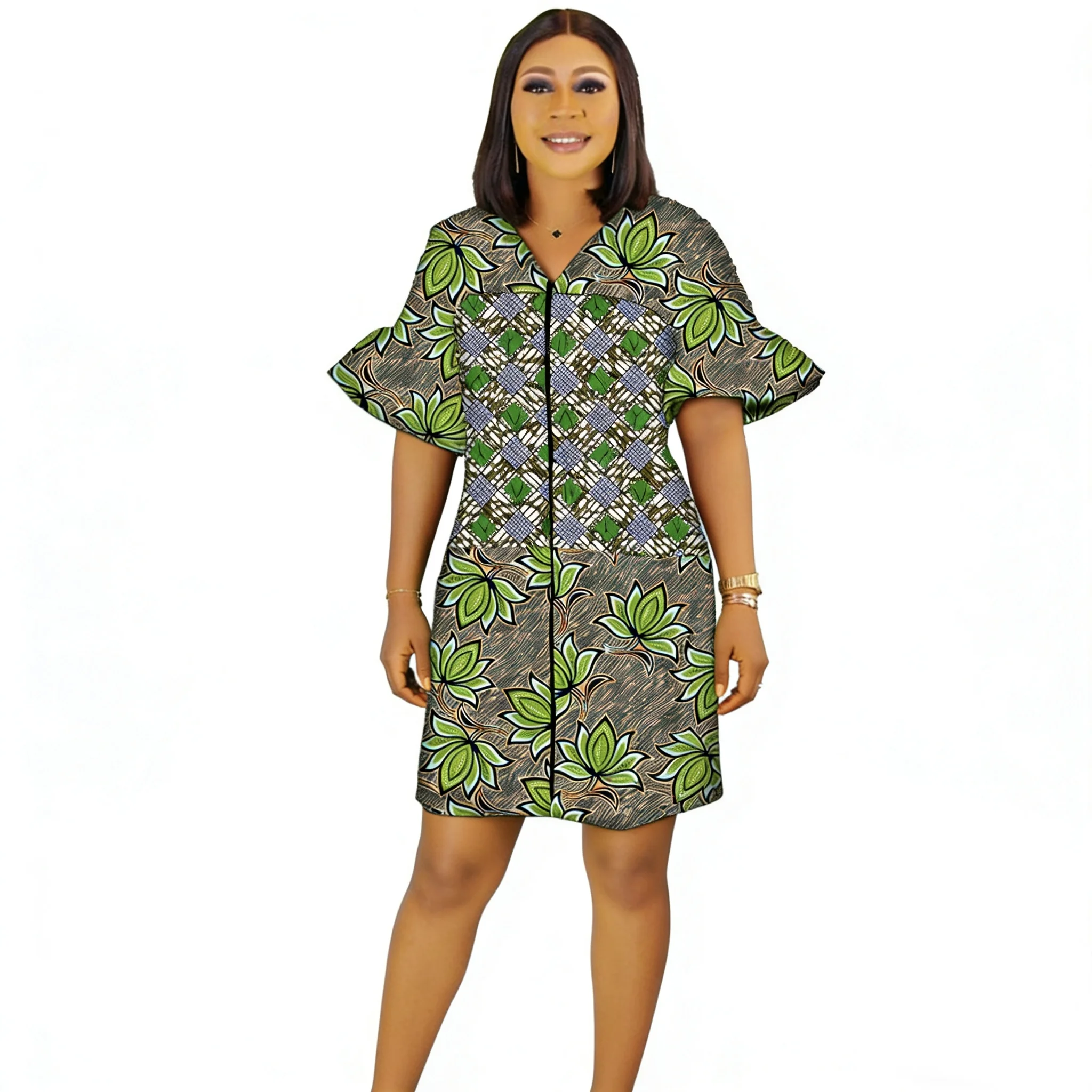 

Women's Ankara Outfit African Couture Ethnic Print Zipper Dress Knee-length Floral Pattern Flare Sleeve Dress Party Wear