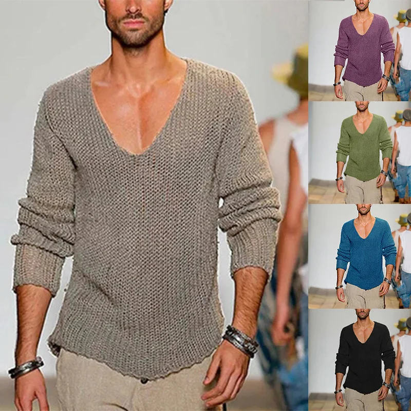 2024 New Men's Long-sleeved V-neck Loose Large Size Men's Fashion Casual Solid Color Knitted Pullover Cross-border Sweater