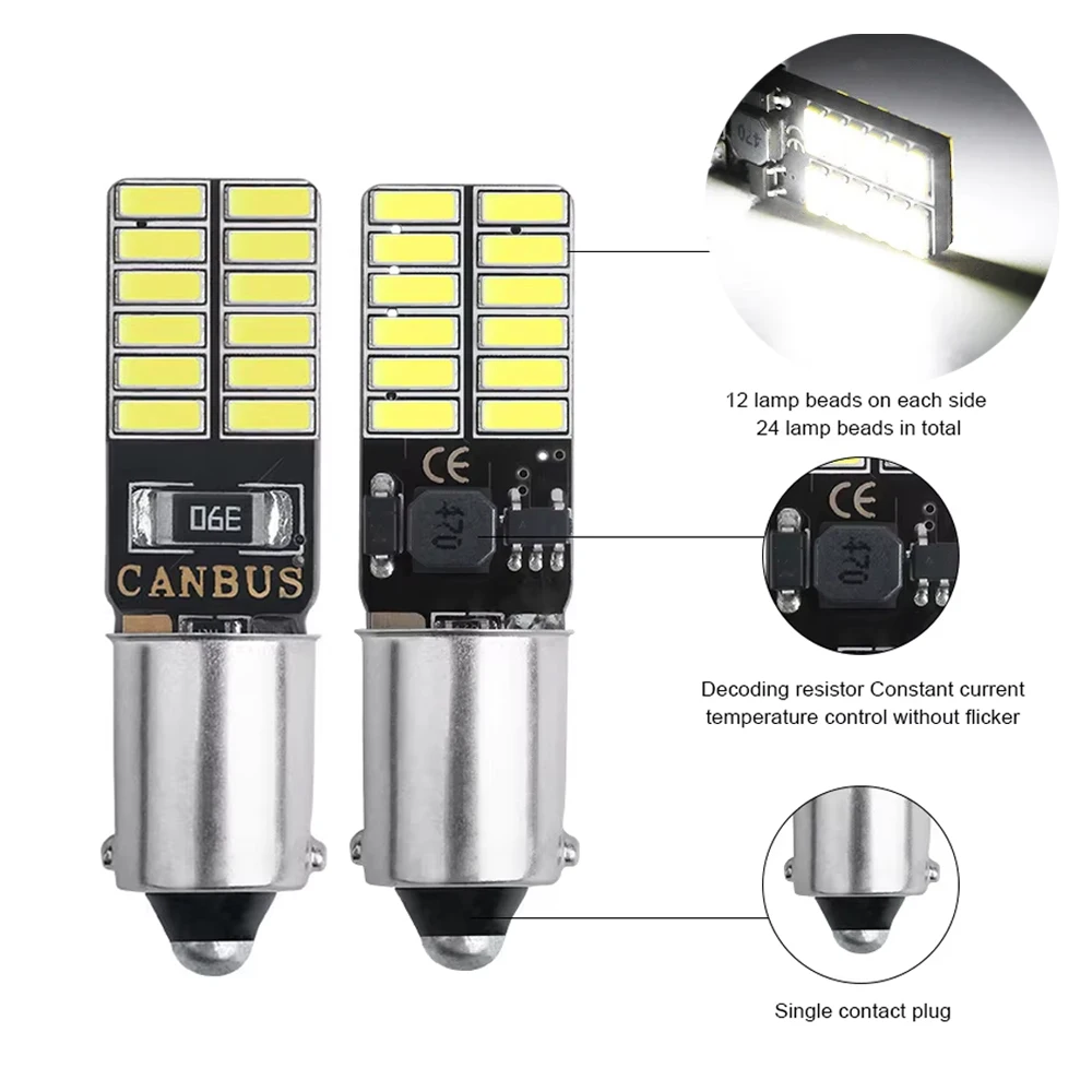 

2/10PCS Canbus BA9S T4W LED Bulb Reading Lamps No Error 4014 24smd Car Instrument License Plate Light Dome Bulbs 12V 6000K White
