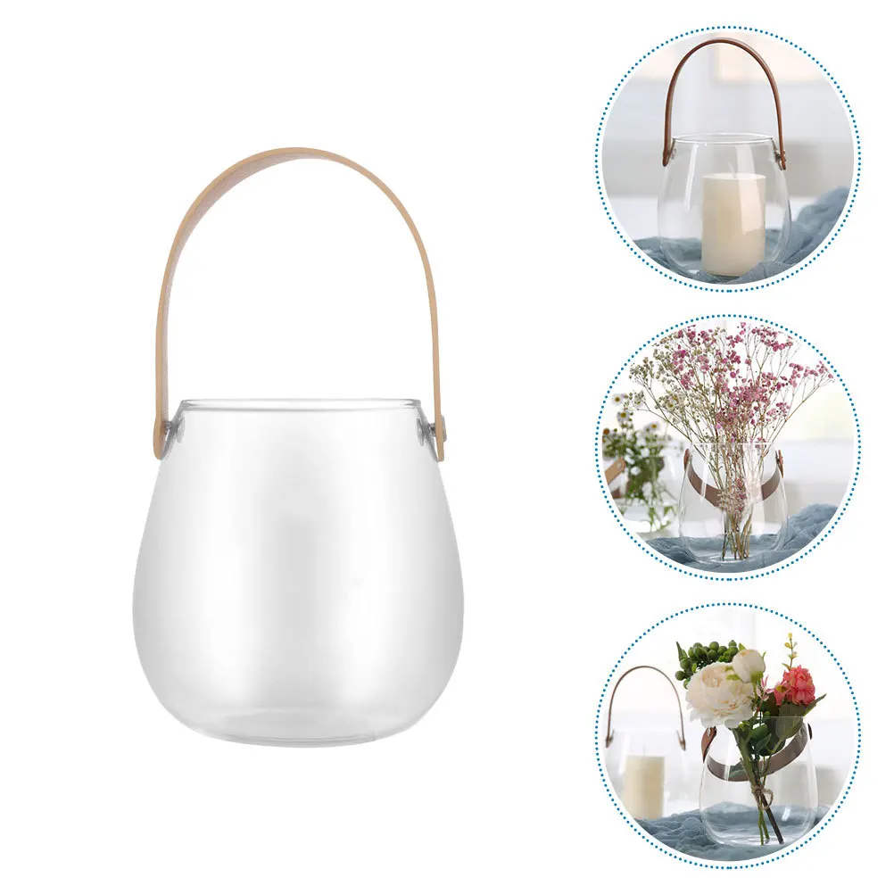 

Nordic Style PU and Glass Flower Vase with Handle Small Decorative Vase for Home Bathroom Bedroom Desktop Flower Holder