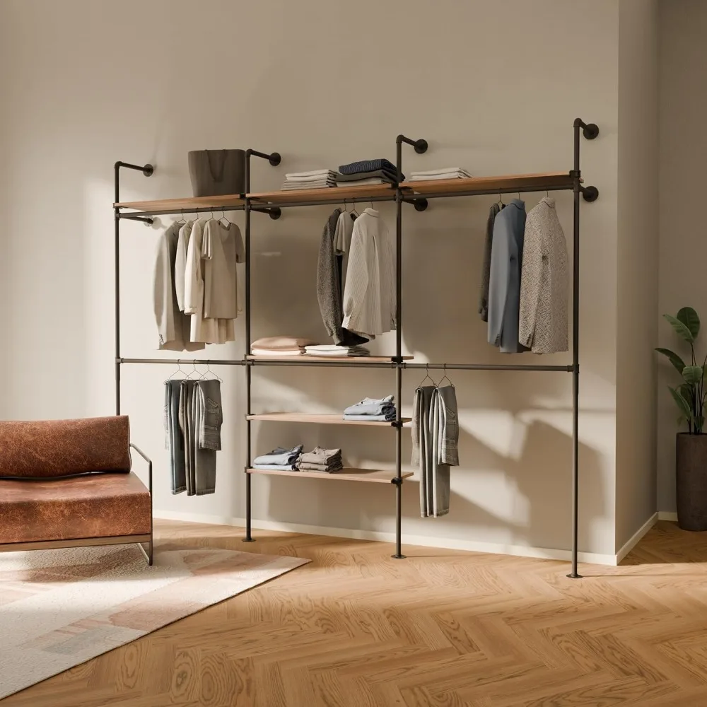 

Industrial Pipe Clothing Rack with Shelf - 1000 lbs Capacity - Wall Mounted Clothes Rack and Walk In Closet with Wooden Shelf