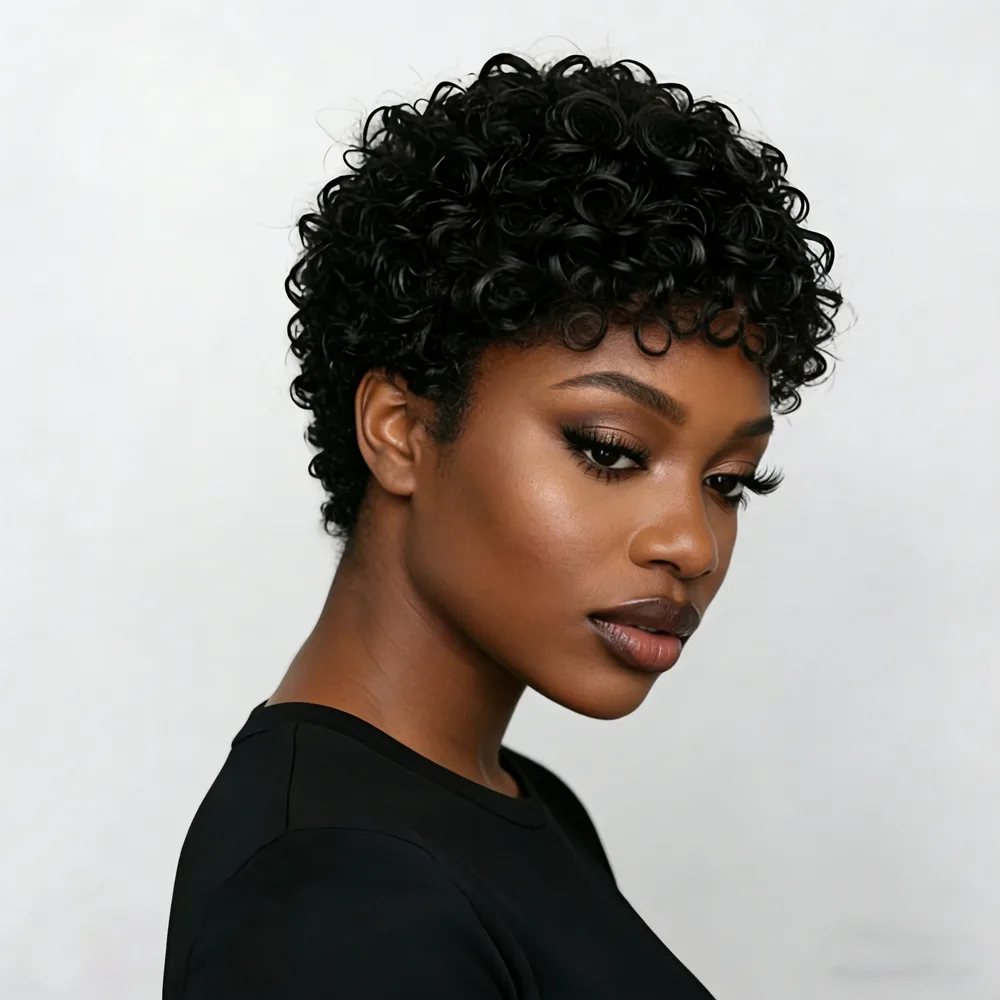 

Короткий кудрявый парик из натуральных волос, машинной работы, 150% плотности, 4 дюйма, черный цвет, короткий афро-парик с кудрями.