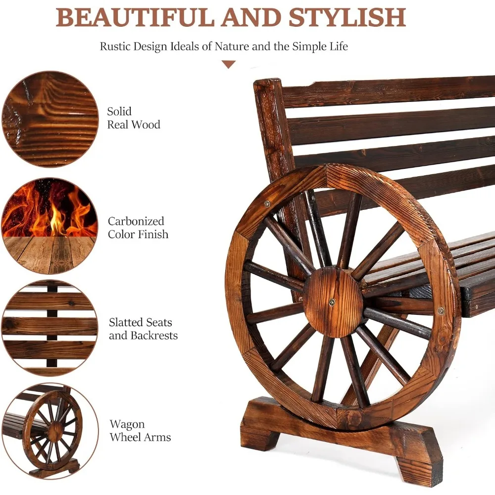 Outdoor Rustic Wooden Bench with Wagon Wheel Arms, 3 People Outdoor Bench Garden Bench Front Porch Furniture Patio