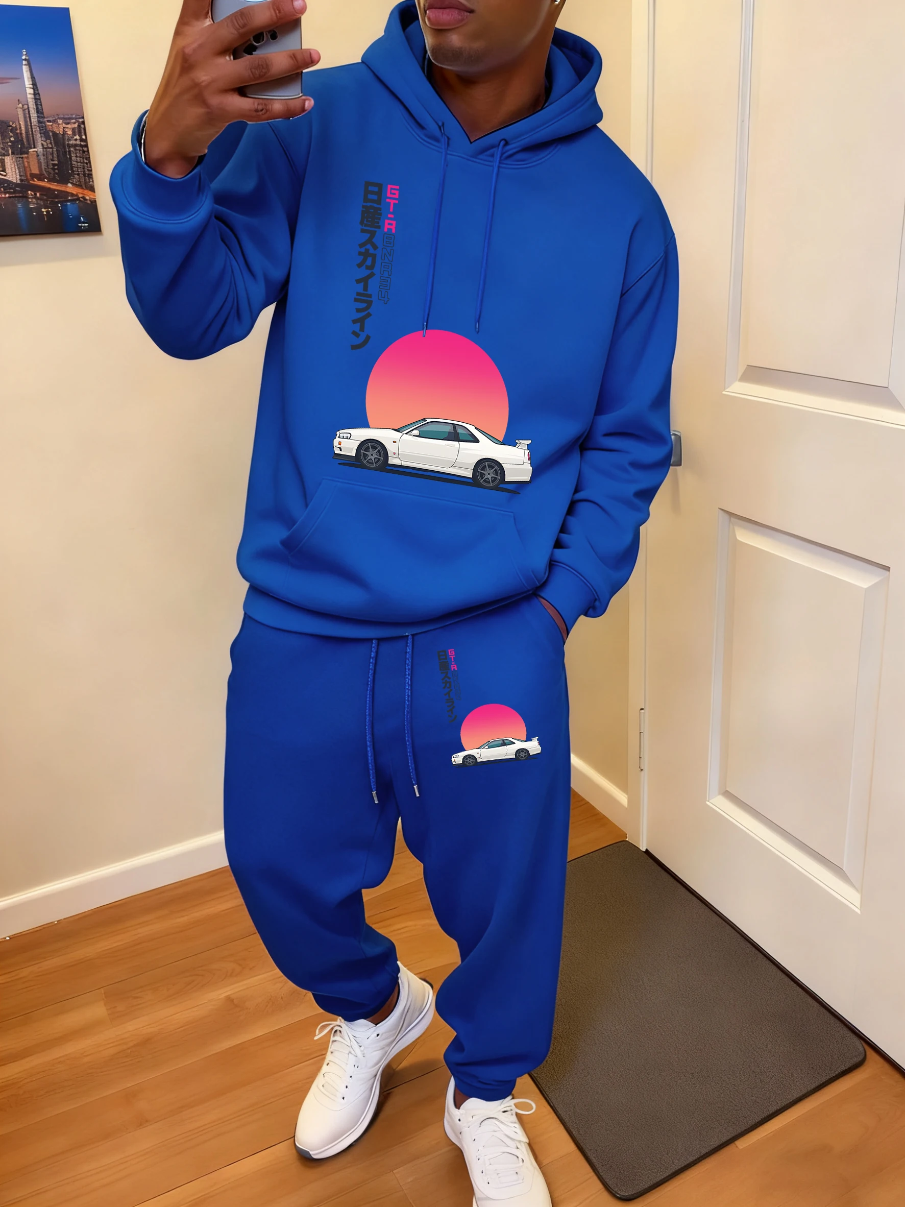 

White Cars Wiht Sunset Print Men'S Sweatshirts Suit 9 Color Pocket Hoodie Set Autumn Fleece Sweatpants Casual Soft Sportpants