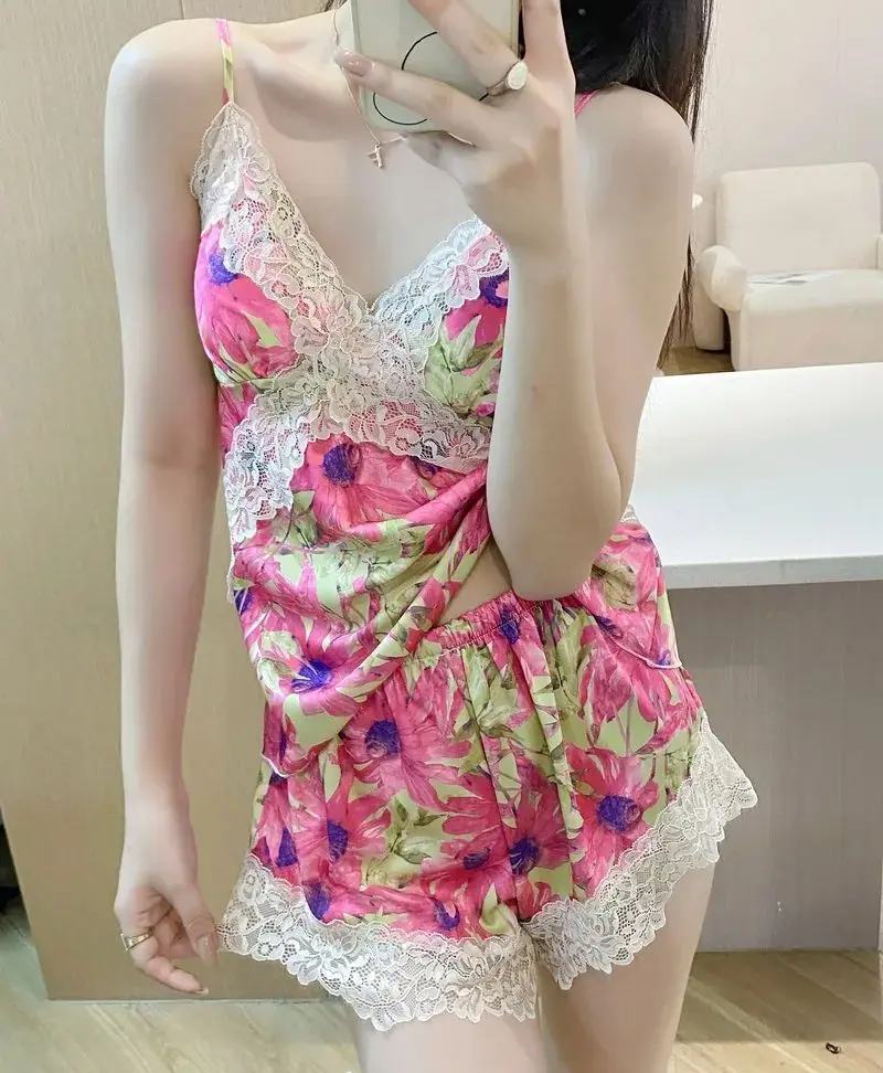 

Summer Female Suspender Pajamas Set Women Print Sleepwear Intimate Lingerie Sexy Strap Top&shorts Pijamas Suit Satin Homewear