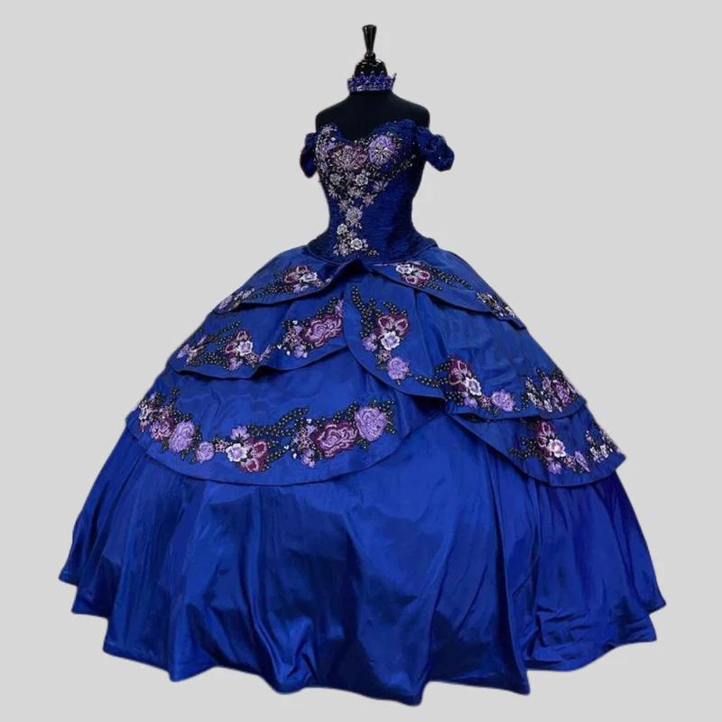 

Royal Blue Puffy Quinceanera Dresses Ball Gown Off The Shoulder Appliques Beaded Mexican Sweet 16 Dresses 15 Anos