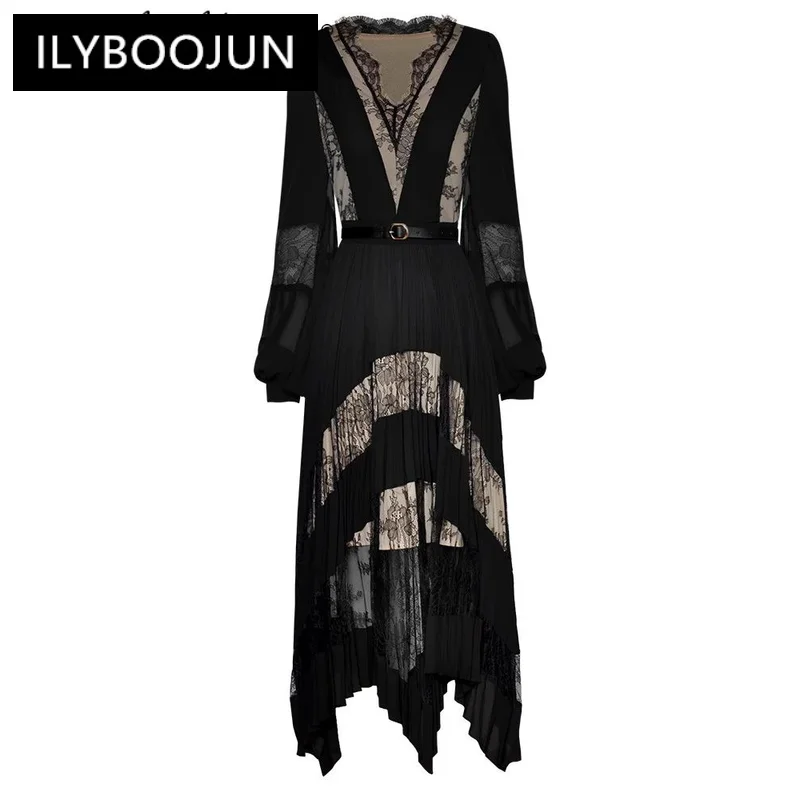 

Long Dress V-neck Lantern Sleeve Belt Lace Patchwork Black Vintage Pleated Desses Dresses For Women 2024 Luxury Brand