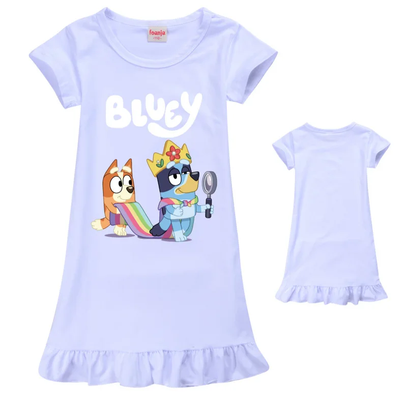 Bluey Family 100cm To 160cm Girls Dress Ice Silk Nightgown Home Wear Dress Princess Dress Party Beach Dress Girl Birthday Gift