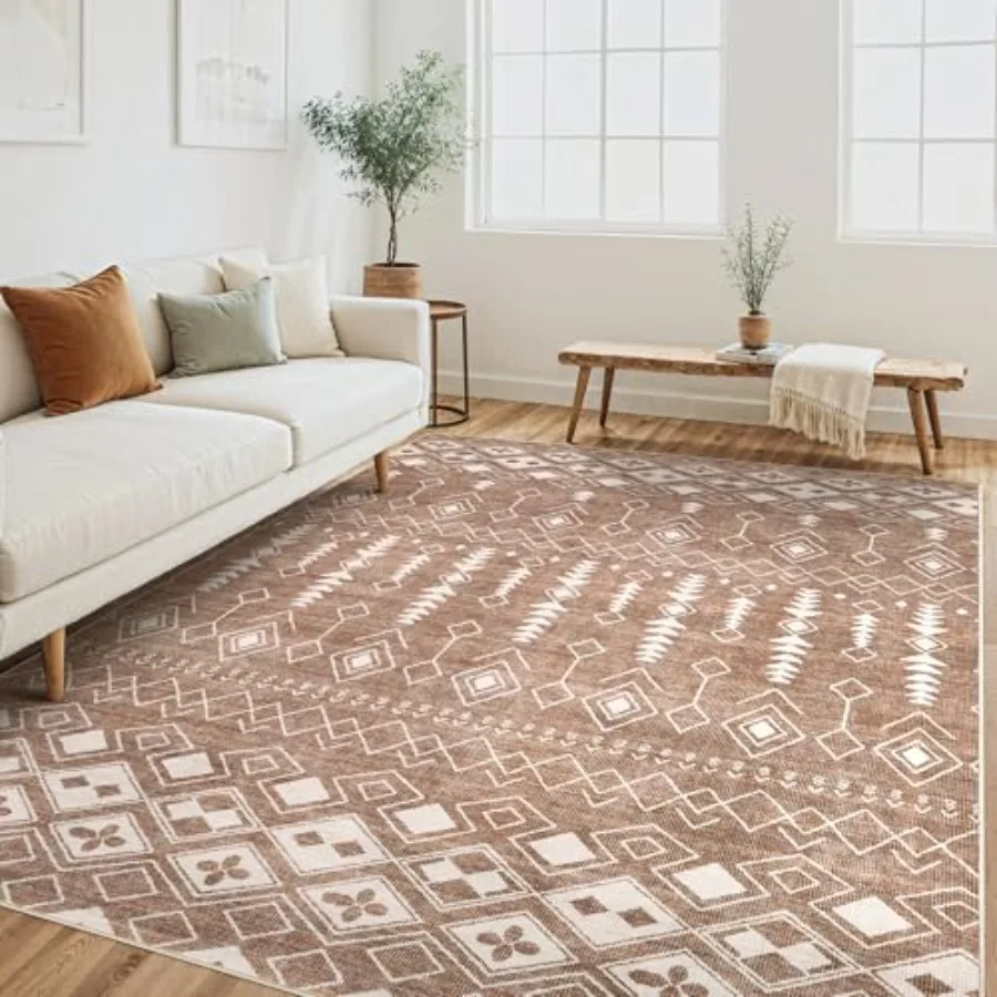 

6x9 Washable Large Soft Neutral Boho Moroccan Bohemian Farmhouse Rug Indoor Floor Carpet for Living Room Bedroom Dining Table H