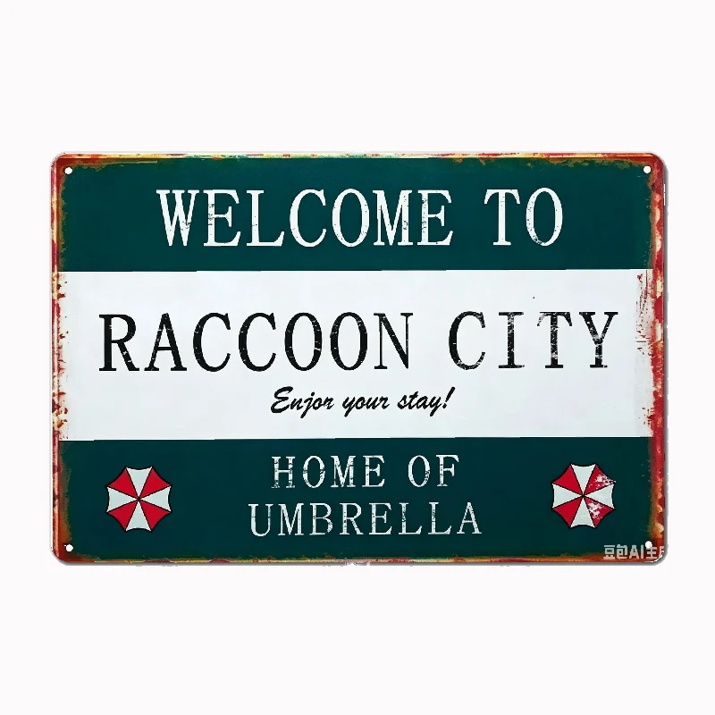 Vintage Metal Personality Retro Resident Welcome to Raccoon City, Umbrella Sign Home, Home Material Iron Sign, Style Metal Deco
