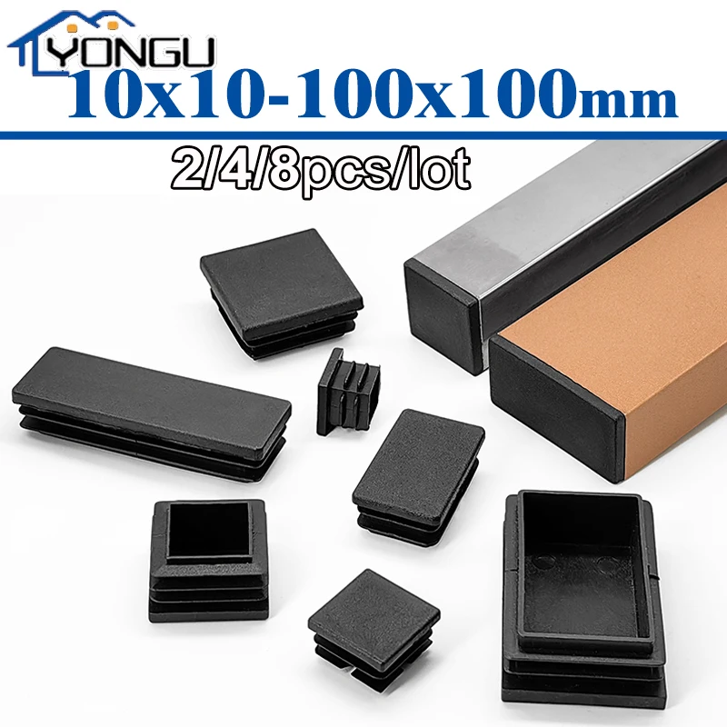 2/4/8Pcs Black Rectangular Plugs Pipe Tube Cap Square Plastic Tubing End Cap Insert Blanking Stopper 10x10mm-100x100mm