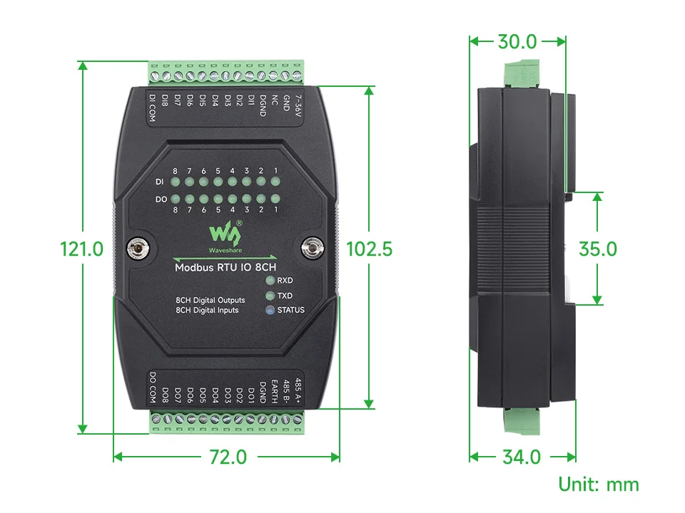 Waveshare Industrial 8-Ch Digital Input & Output Module, DC 7~36V Wide Voltage Power Supply, Modbus RTU Protocol, Rail-Mount