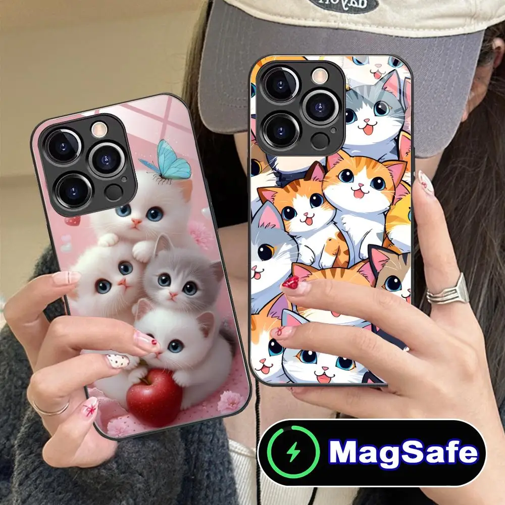 

Чехол для телефона Kitten Cute Cat Kawaii для iPhone 16, 15, 14, 13, 12, 11 Pro Max Plus Mini MagSafe, стеклянный цветной принт, красивая роскошь