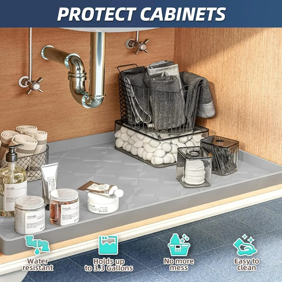 حصيرة تحت المغسلة مقاس 37 بوصة × 22 بوصة مقاومة للماء، ورف درج المطبخ وبطانة الخزانة، وواقي الحوض لمنظمي الحمام