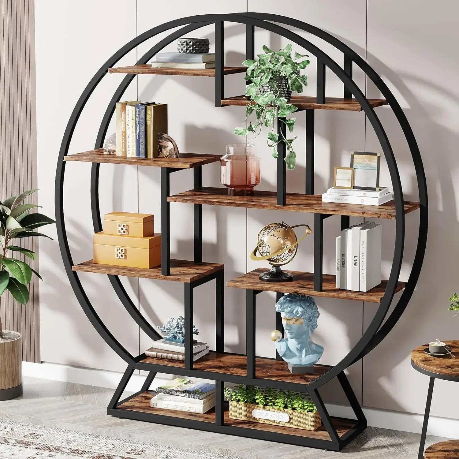 

Bookshelf, Round Bookshelves Etagere Bookcase, 63 Inch Industrial Wood Book Shelf with Staggered Shelves, Rustic Open Shelving