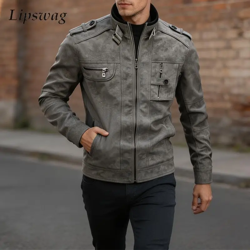 Fashionable Windproof Outerwear For Men Fall Winter PU Leather Jacket Mens Vintage Multi Zipper Pockets Stand Collar Cargo Coat
