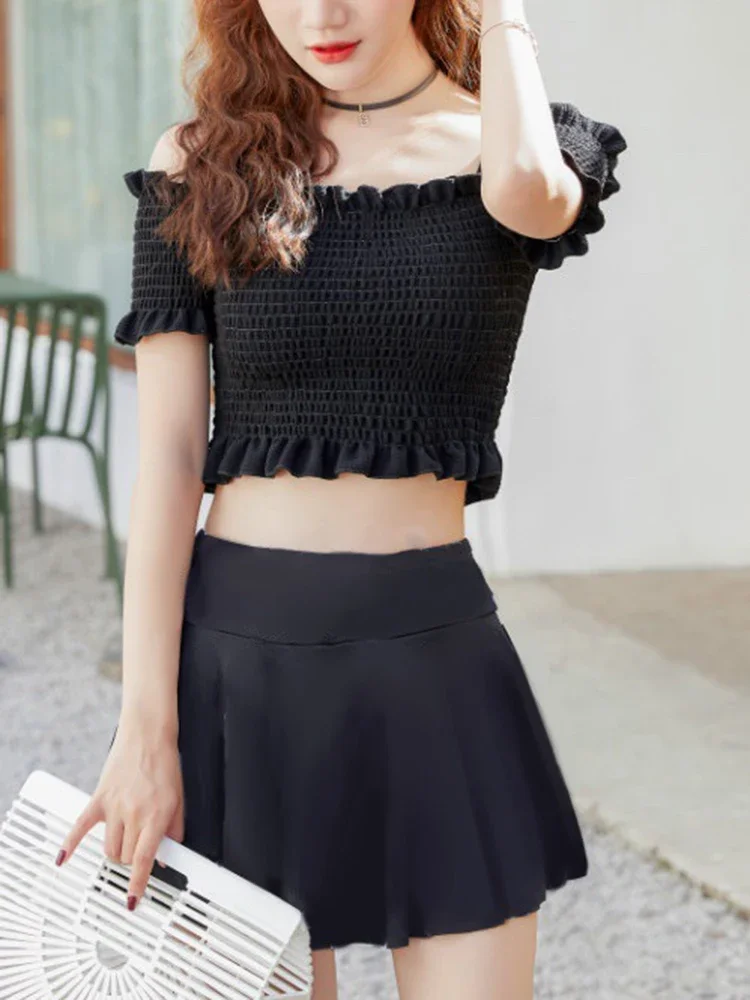 OIINAA Strój Kąpielowy Damski Falbanki Dekolt Hiszpanka Plisowany Zestaw Bikini Spódniczka Plażowa w Kropki z Wysokim Stanem Lato 2025 Nowy Słodki Dziewczęcy Kostium Kąpielowy