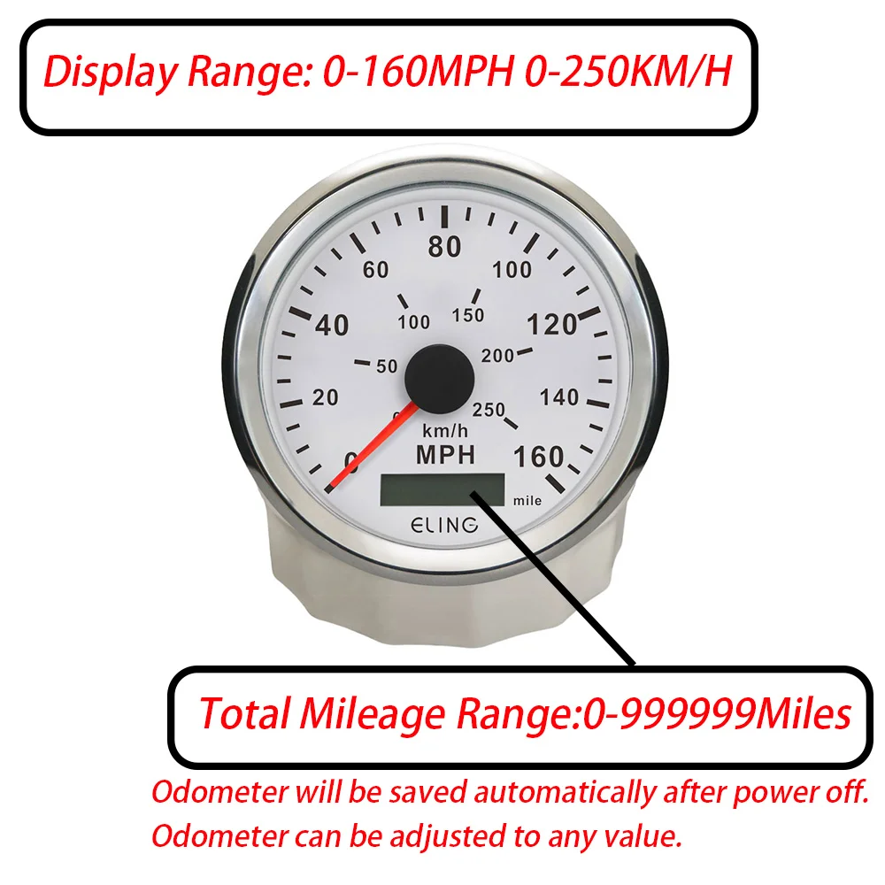ELING Universal 85mm GPS Speedometer 0-40MPH 0-80MPH 0-160MPH Odometer with Backlight 12V 24V for Truck Car Yachts