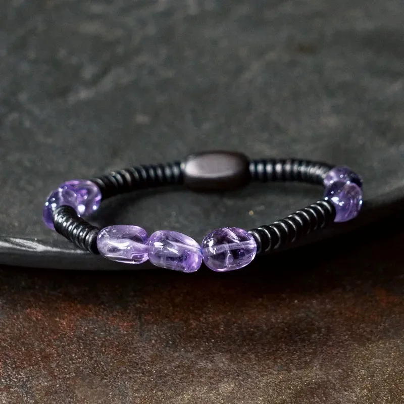 Natural Amethyst Chip Bracelet with Black Sandalwood Beads Handmade Minimalist Elastic for Women Men Daily Casual Jewelry