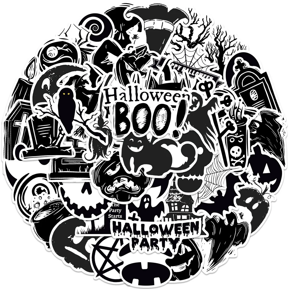 

10/30/50pcs Black and White Gothic Halloween Horror Stickers Skateboard Motorcycle Car Luggage Waterproof Sticker Decal Kid Toy