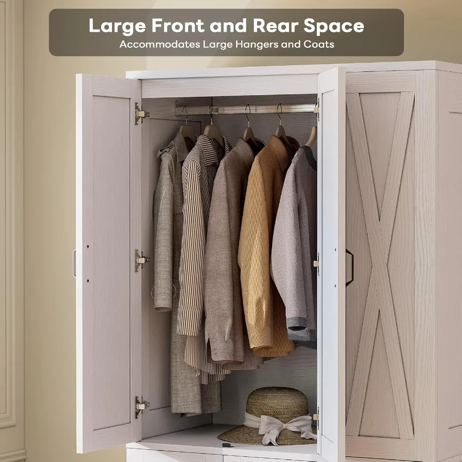 Large-capacity deep armoire with 5 cabinet doors and 3 drawers designed for bedroom storage featuring a hanging rod 3 side hook