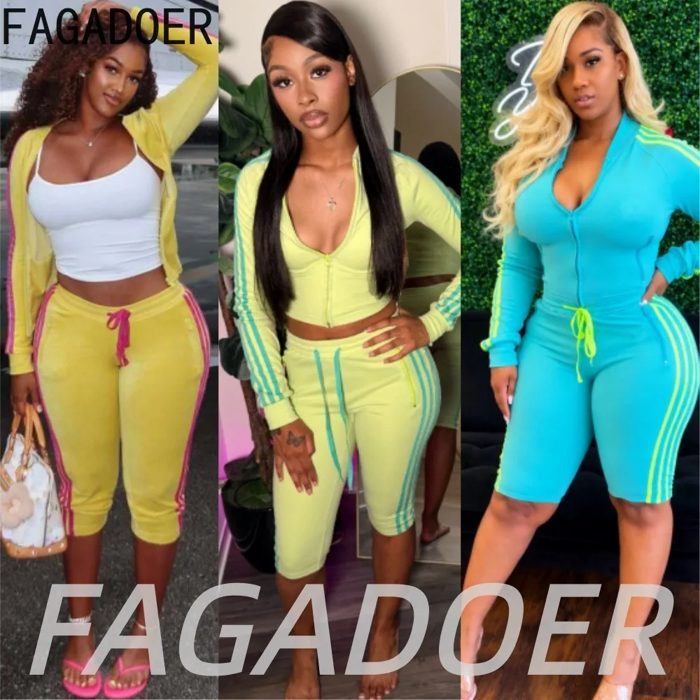 FAGADOER Women’s 2 Piece Tracksuit Set Long Sleeve Zip Up Crop Jacket Knee Shorts Contrast Stripe Stretchy Casual Sport Outfit