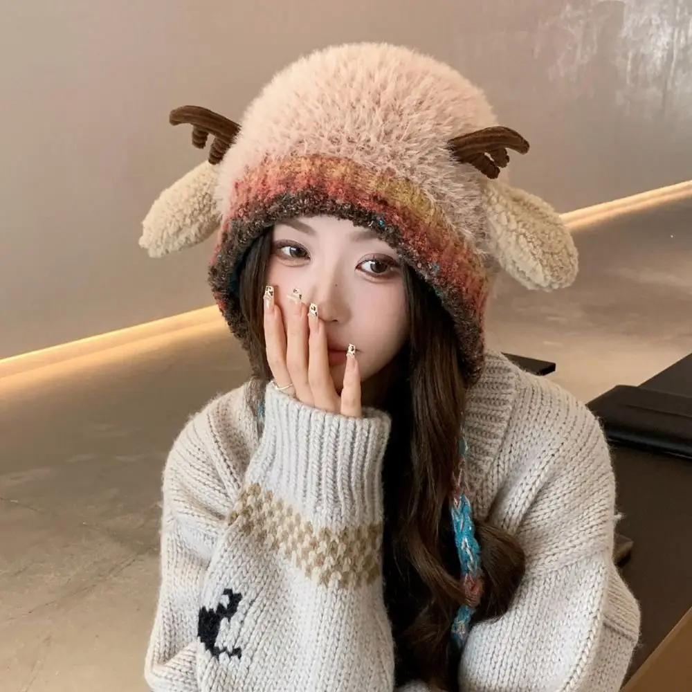 New Fur Deer Storage Hat Windproof Warm Knitted Deer Antler Hat Elastic Ear Protection Earmuffs Hat Winter