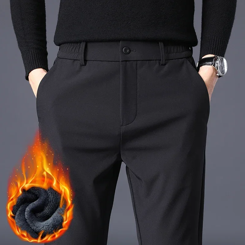 

Winter Warm Fleece Men's Business Casual Pants Stretch Slim Fashion Korean Thermal Trousers Classic Simple Male Plush Clothes