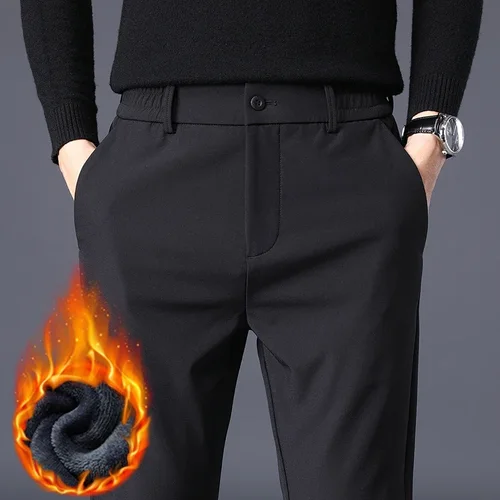 Pantalones informales de negocios para hombre, cálidos de lana, elásticos, ajustados, a la moda, térmicos coreanos, ropa clásica Simple de felpa para invierno