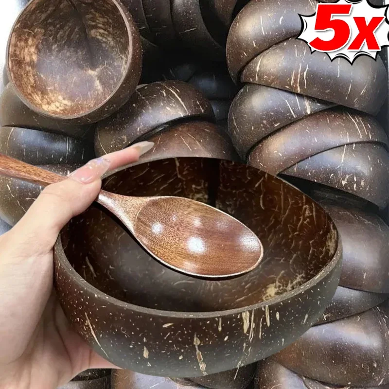 12-15cm Natural Coconut Bowl Dinner Set Fruit Salad Dessert Wooden Container Utensils Natural Coconut Bowls Kitchen Dinnerware