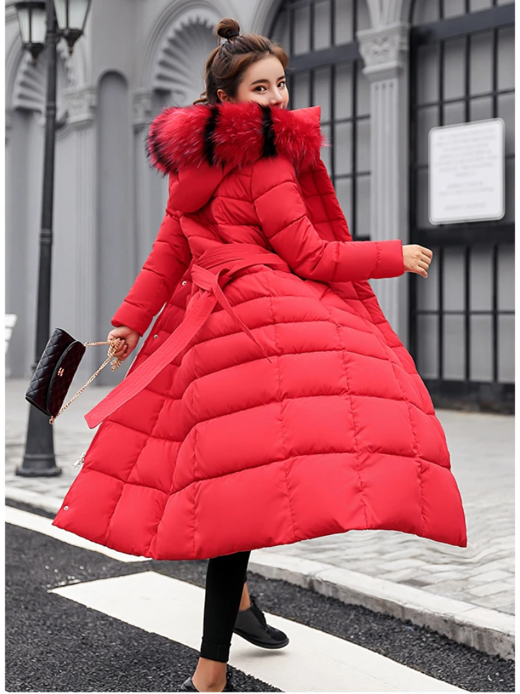 Luxury Winter Long Parkas Warm Fur Collar Hooded Cotton-padded Jacket Slim Belt Zipper Long Sleeve Windproof Coat Women Clothing