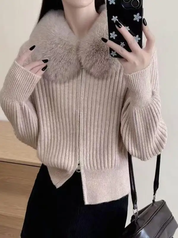 

Ele Knitted Double Zipper Coat with Fur Collar for Women Warm Faionable Autumn Winter Sweater Jaet Korean Sle