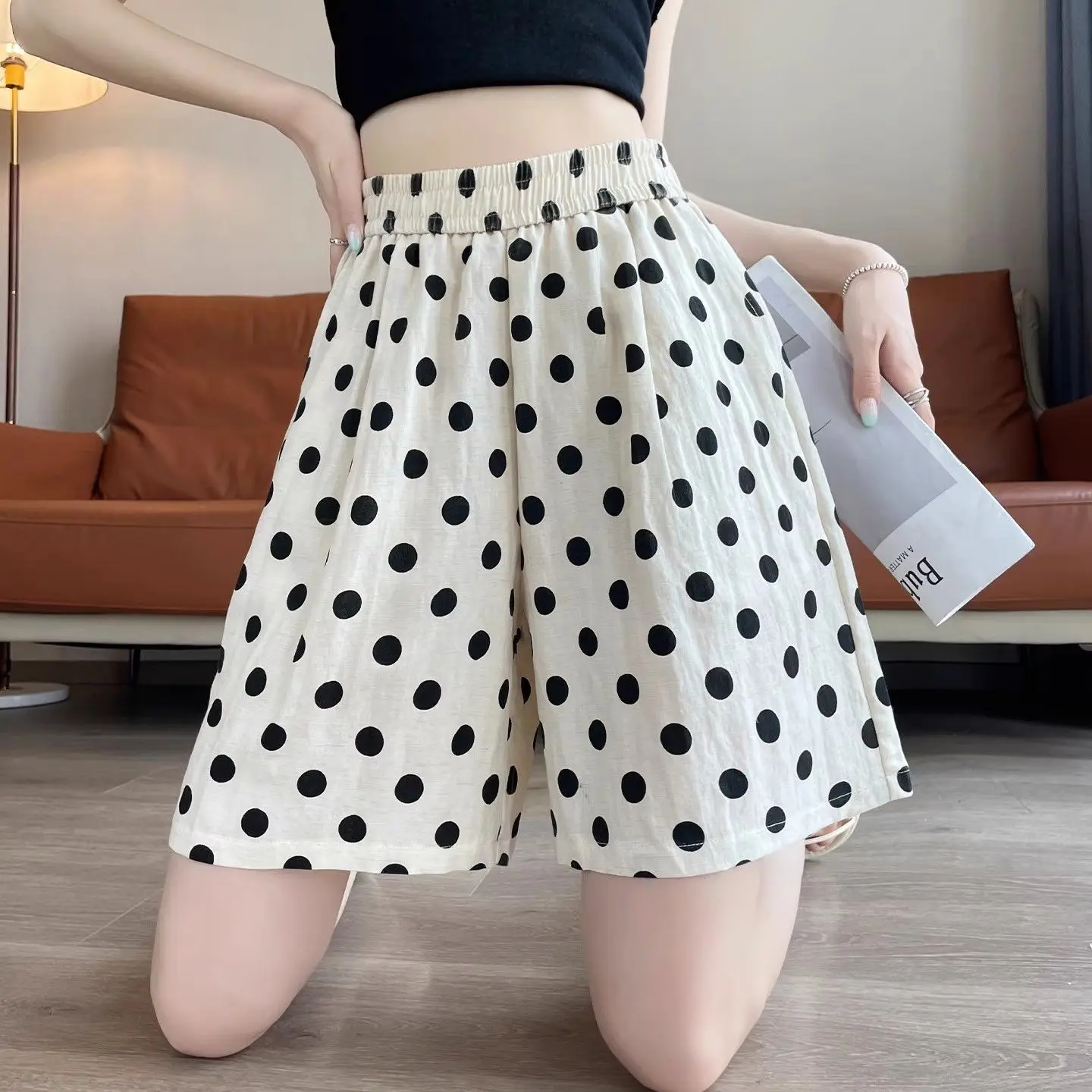 Polka-dot Wide-leg Pants for Women, New Summer Thin Style Outer Wear Mid-pants, Loose, Slim, Casual Five-point Pants