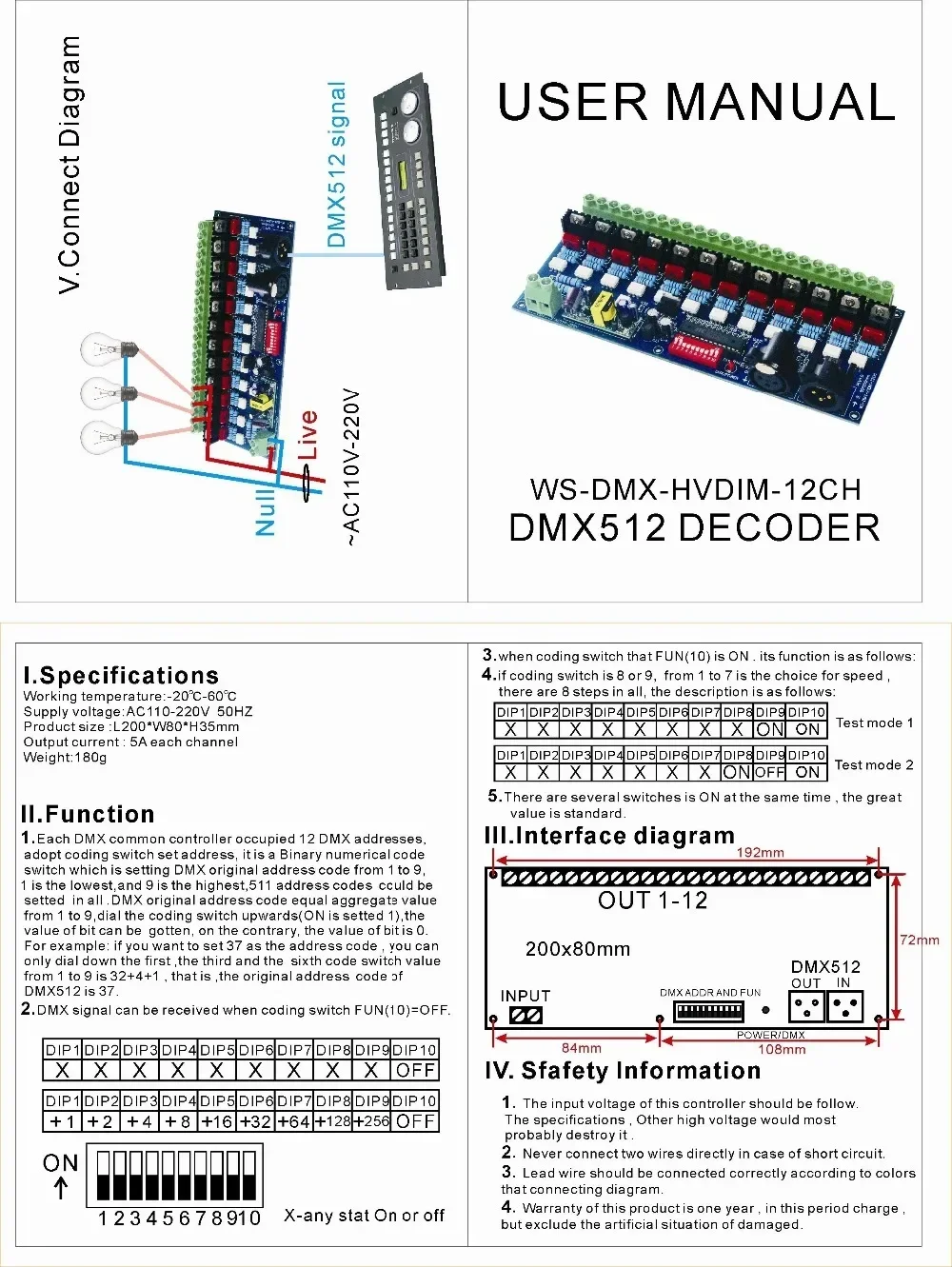 High voltage 12CH DMX512  dimmer Decoder AC110V-220V 5A*12CH DMX dimmer For incandescent lights lamp lighting