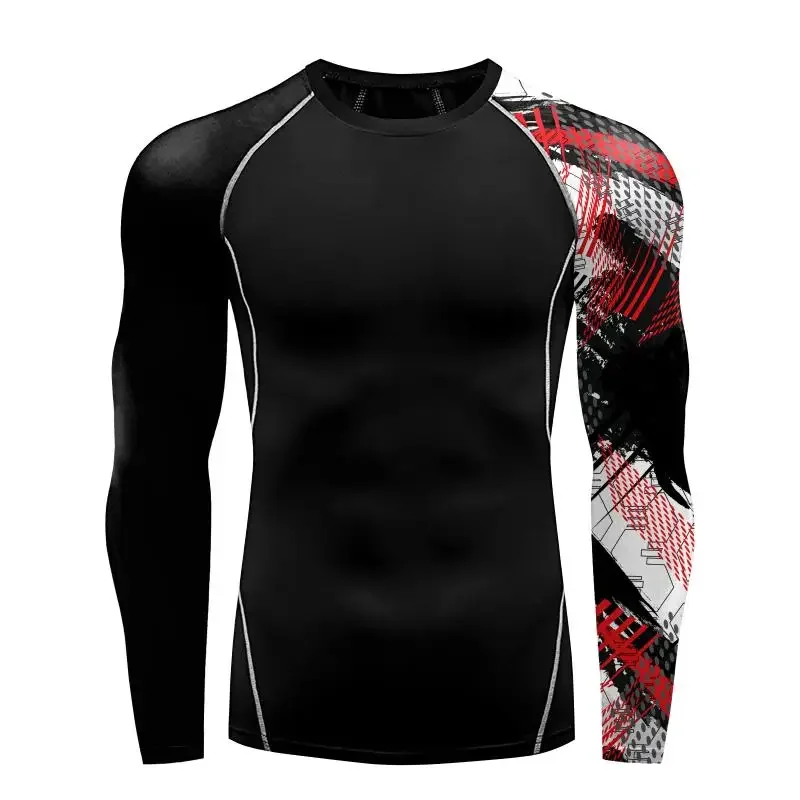 Long Sleeve Shirt for Men Crewneck T Shirt Fitness Tee Tight Elasticity Gothic Pattern Summer Outfit Quick Drying Male Clothing