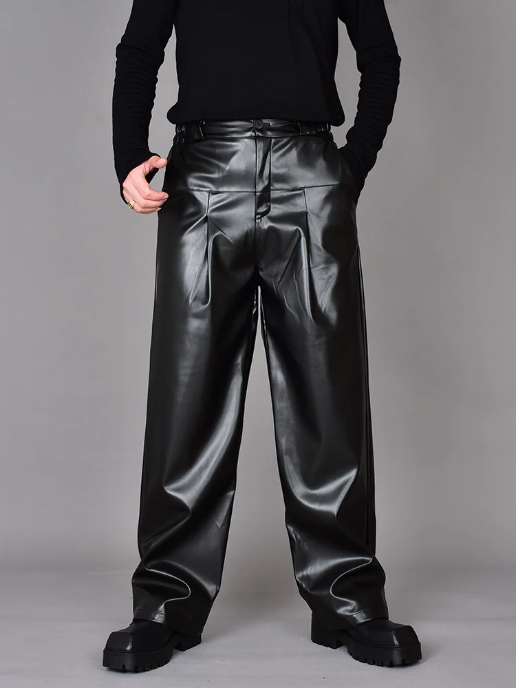 High Street Dark Department Personality Niche Design Casual Straight Leather Pants Loose wide-leg Trousers men's Trousers