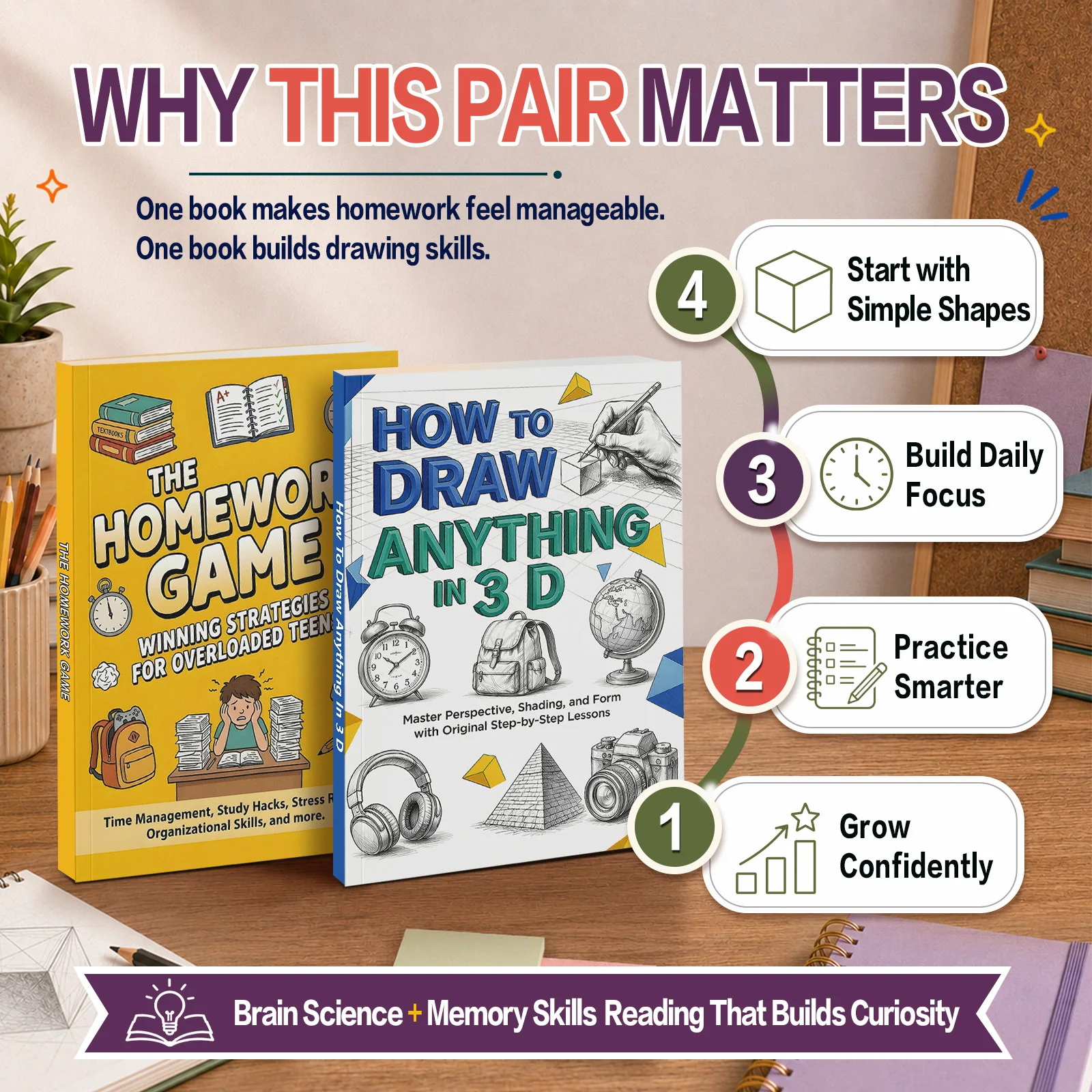 2-Book Teen Homework Strategy and 3D Drawing Skills Book Set, Includes The Homework Game and How to Draw Anything in 3D