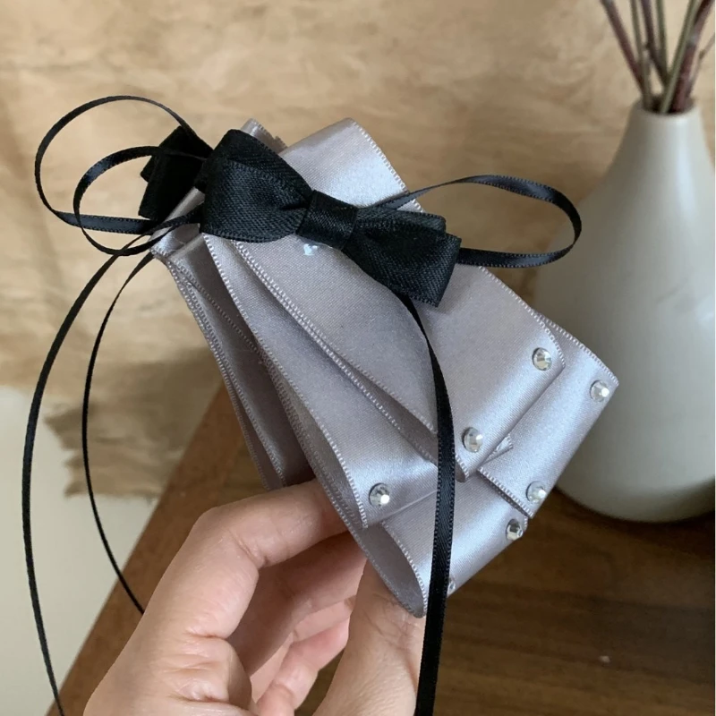 Grey Satin Black Bow‑Ribbon Hair Clip, Rhinestone Layered Fabric Barrette, Delicate Aesthetic Side Accessory for Women
