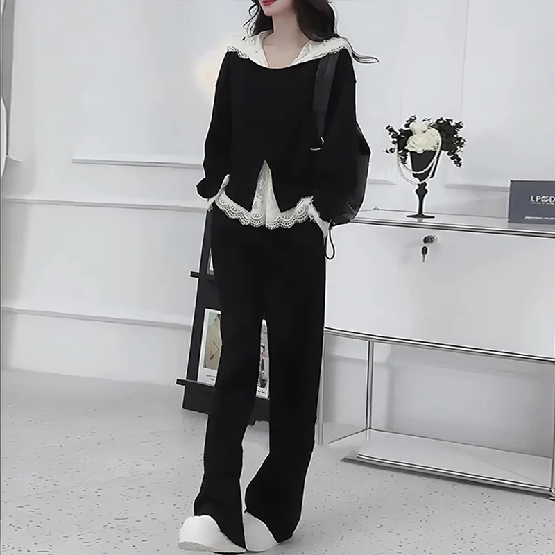 Lace Splicing Thin Sweatshirt Wide Leg Pants Three Piece Set Women's Anti Aging Autumn Fashion Casual Sportswear Ensemble