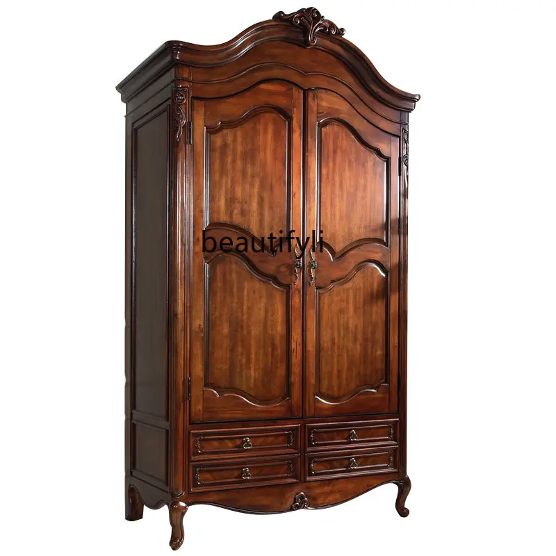 

American Country Bedroom Furniture Solid Wood Double-Door Closet Hand-Carved Wardrobe Locker