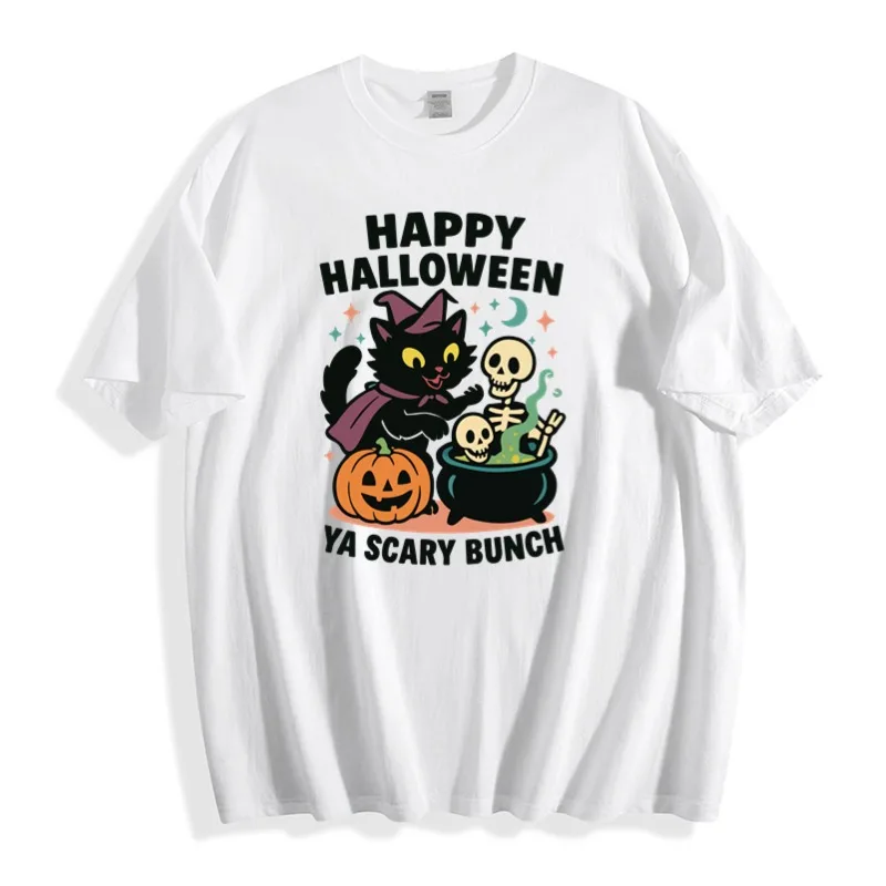 

Retro Halloween Black Cat T-Shirt, Unisex Cotton Crewneck Tops,Retro Groovy Monster Ghost Print Festival Casual Wear Custom Logo