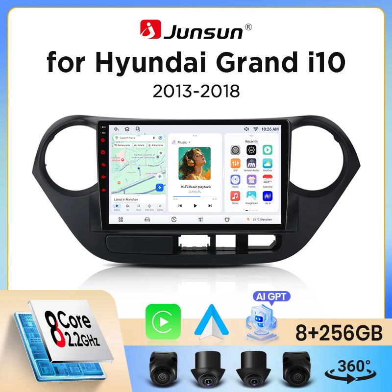 Image of Junsun Wireless CarPlay Android Auto Autoradio für Hyundai i10 Mk2 (IA) 2013-2019 mit eingebautem Lüfter, Android GPS-Navigation, Multimedia-Player, WiFi, DSP, RDS, BT, SWC, IPS-Touchscreen,