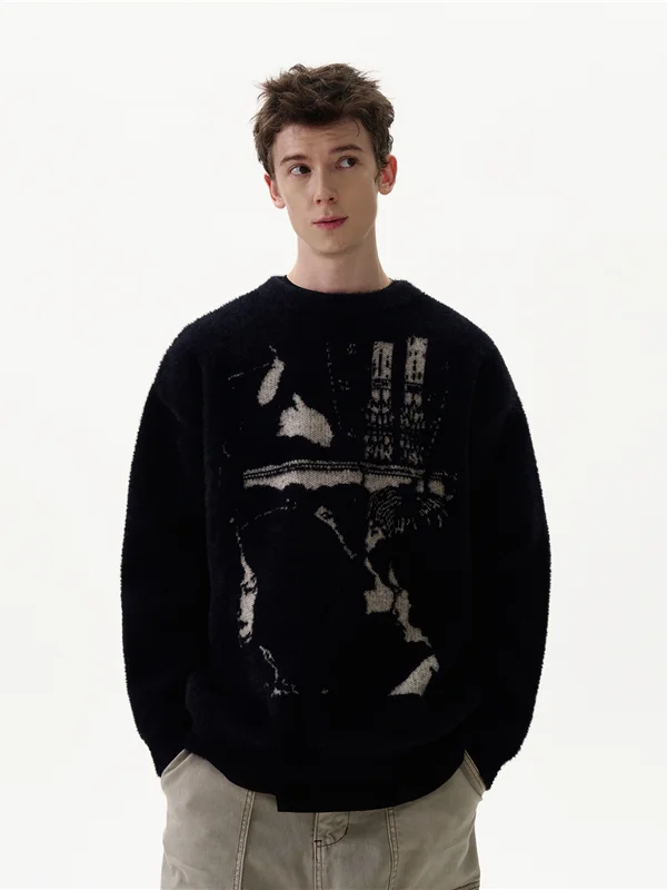 

Мужской вязаный свитер в американском ретро-стиле: дизайнерская находка для уличного стиля, с круглым вырезом, из полиэфирного волокна