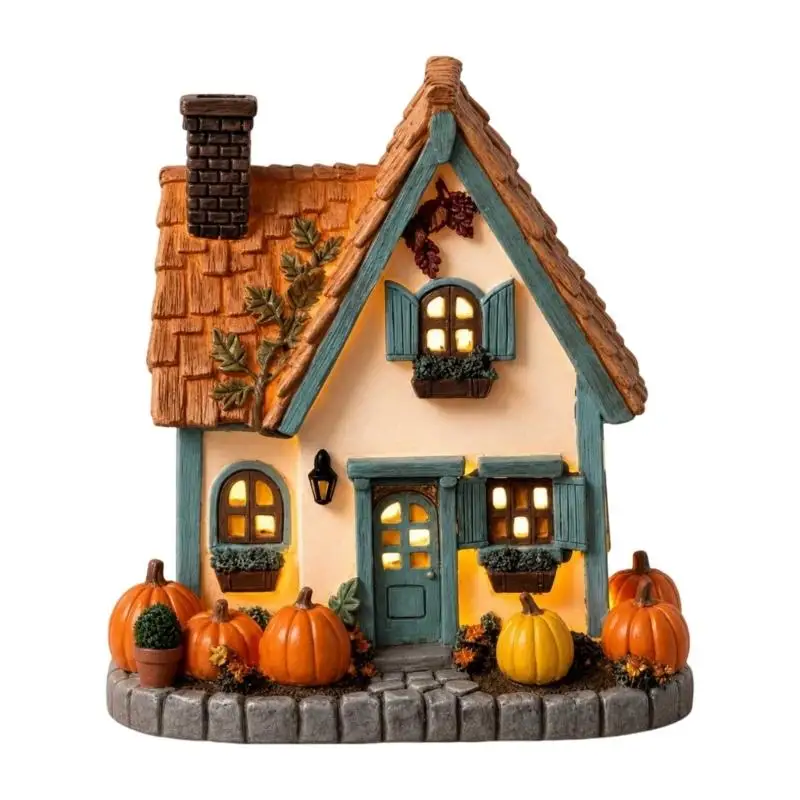 LED Autumn Pumpkin House Decors Resin Tabletop Cottage Statue with Warm Light, Harvest Mantels Accent for Living Room, and D2RD
